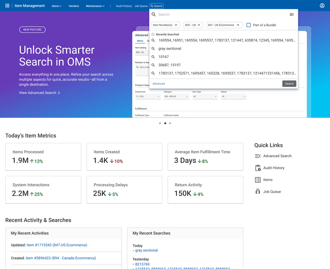 Item management dashboard with a feature banner, open quick search menu, metric cards, quick links and recent activity.