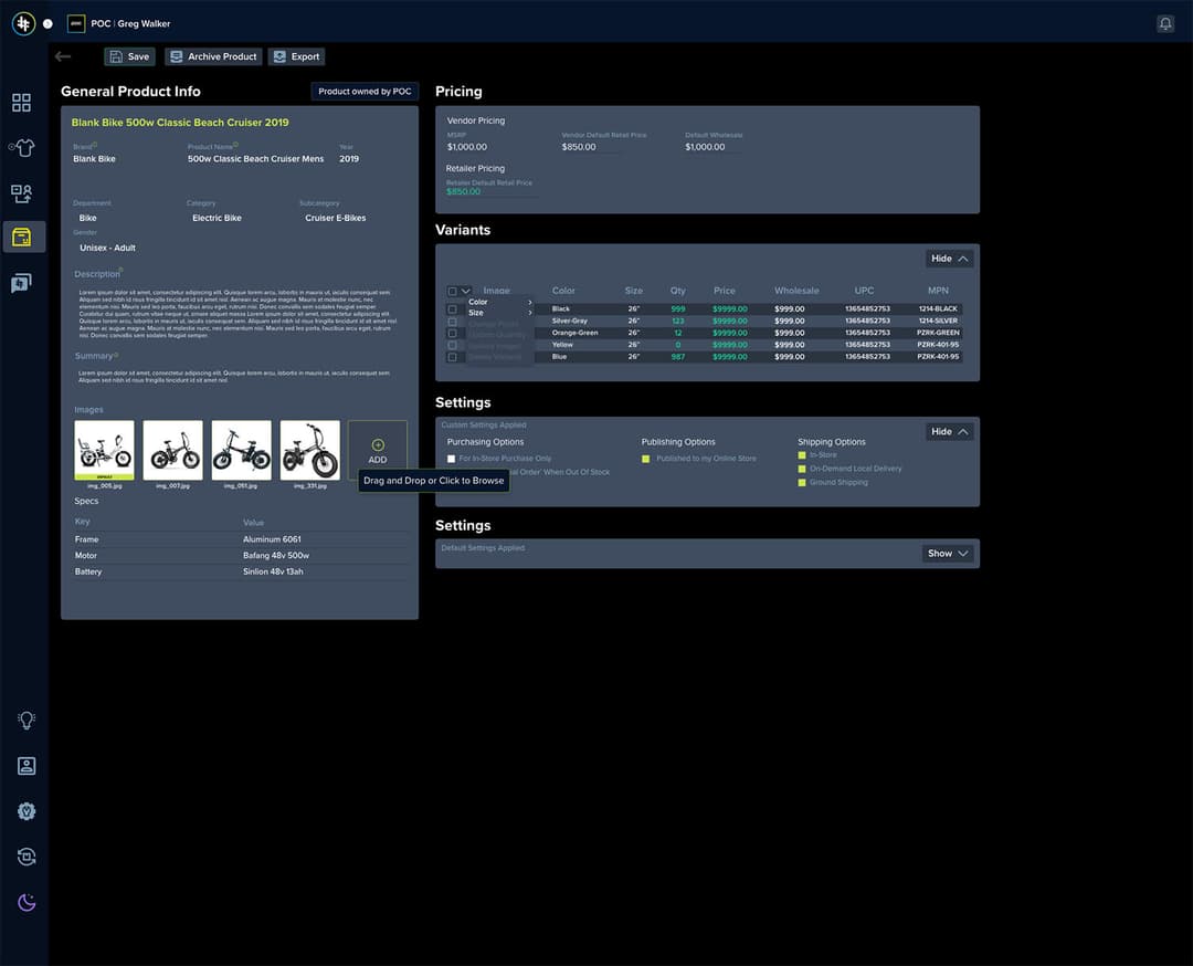 Product editor with general info, image upload and specs beside pricing, a variants table and collapsible settings.